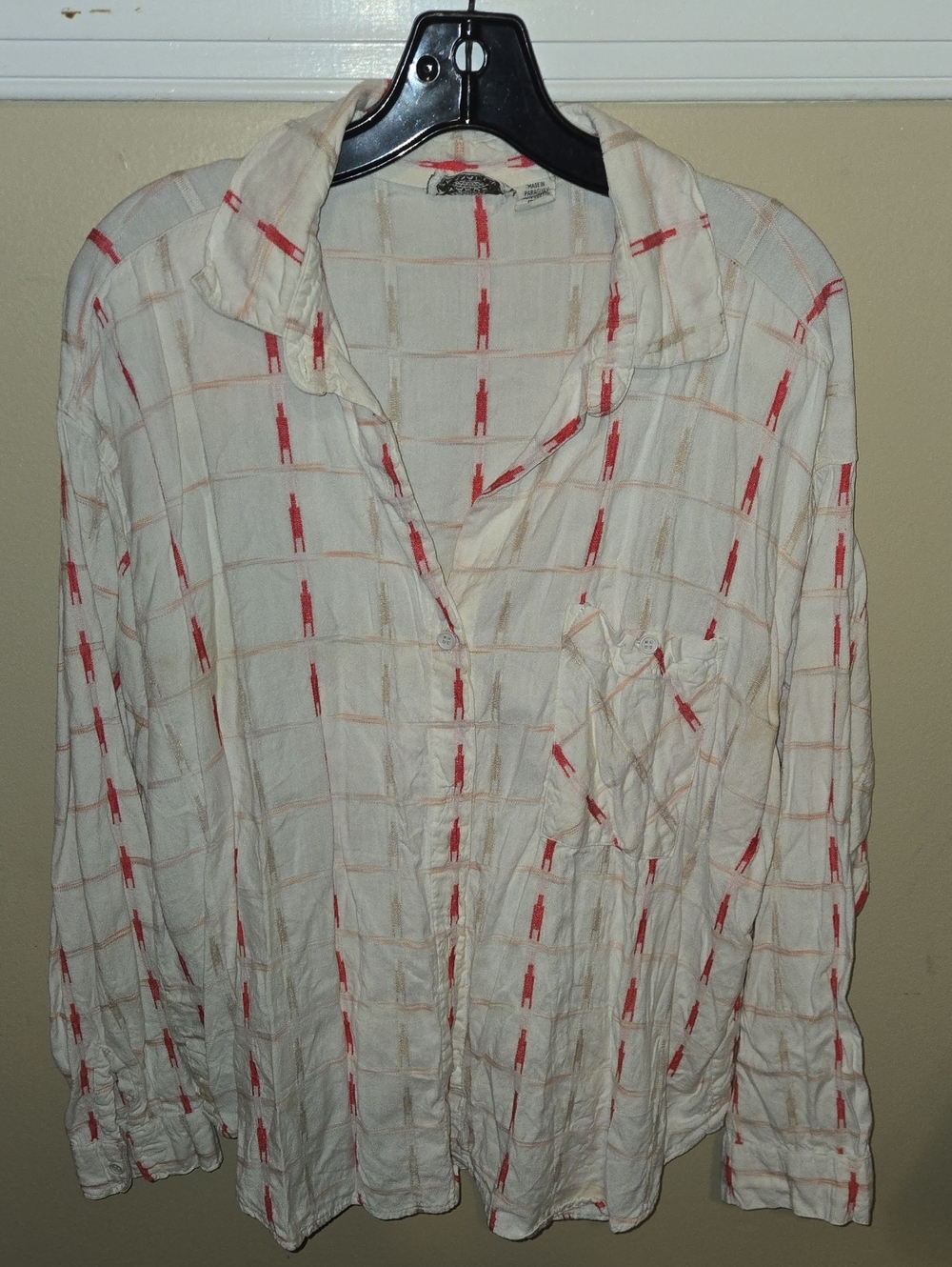 Vintage Men's Cream Button-Down Shirt with Red Grid Accent Mahudi International